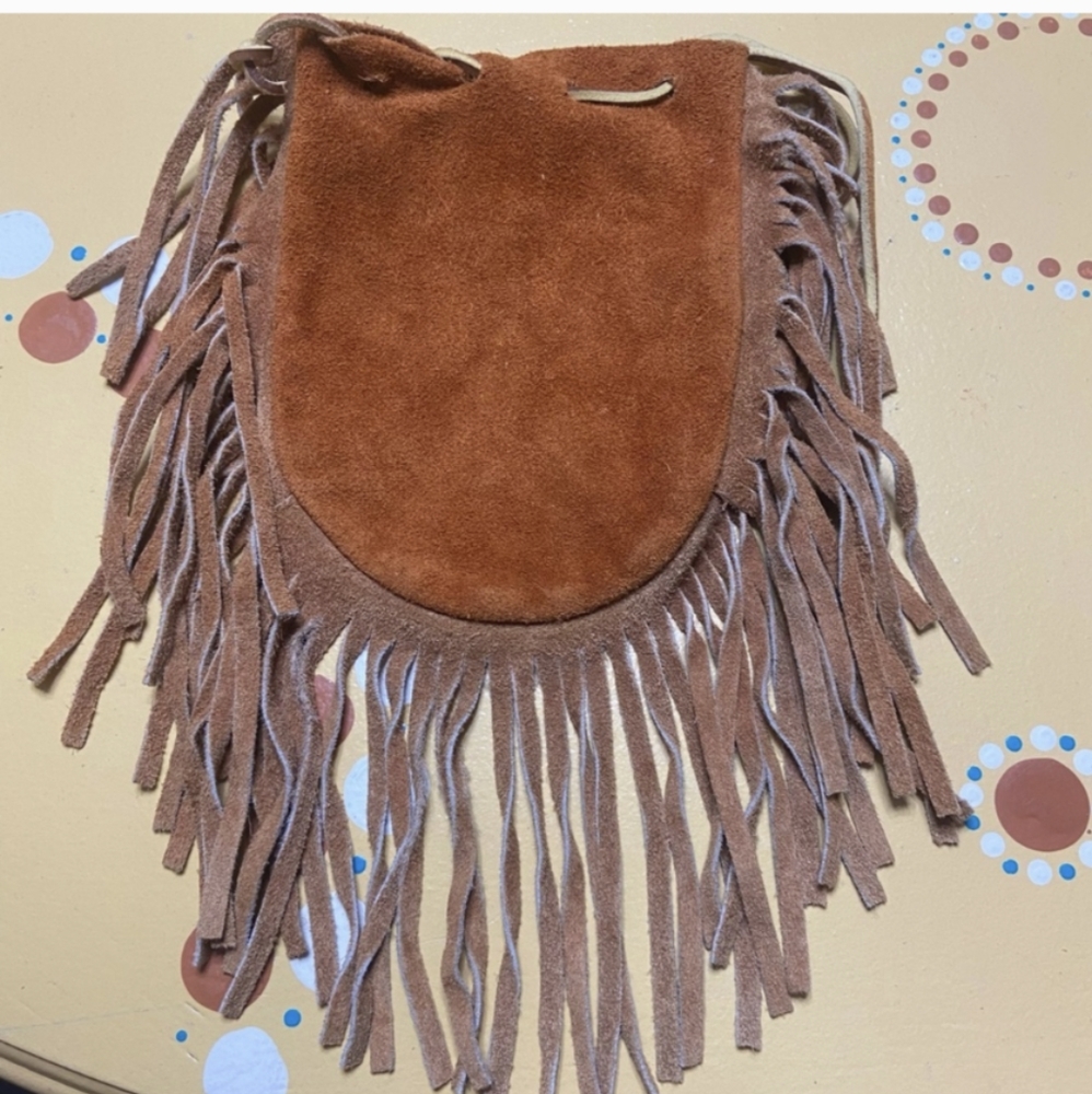 Handmade rawhide leather fringe pouch w/draw string (5"x7") UNISEX